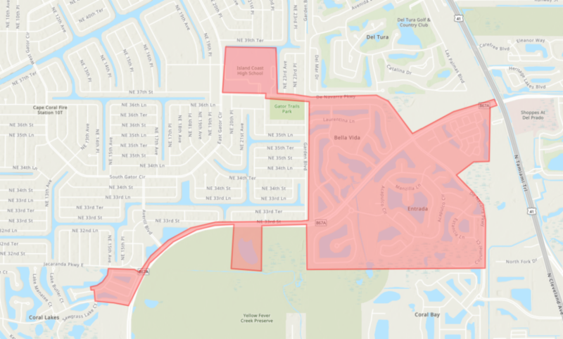 Update:  City crews repairing water main break near Del Prado Blvd. North